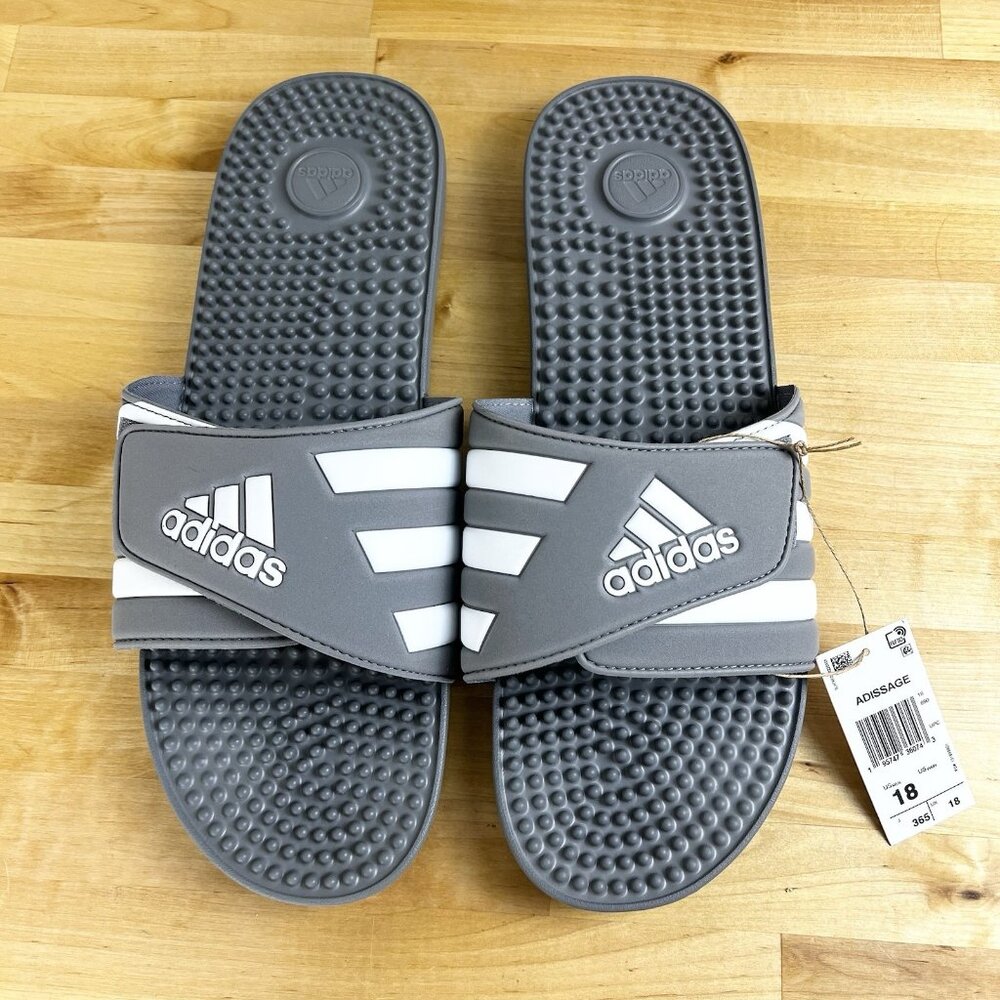 New ADIDAS Adissage Mens Slides Sandal‎ Grey/White/Grey Size 18 US Men HQ4373